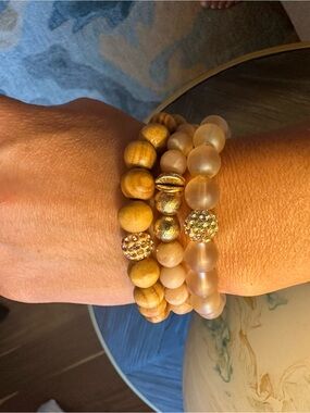 Erimish Gold and Tan Beaded Stretch Bracelet Stack